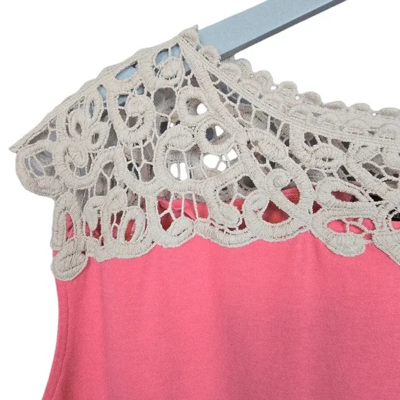 Evan Picone Pink Coral Top with Contrast Ivory Crochet Lace Yoke. Size XL NEW - Picture 6 of 8